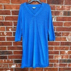 J.Jill Womens Medium Linen Blue Vneck 3/4 Sleeve Dress Side Slits